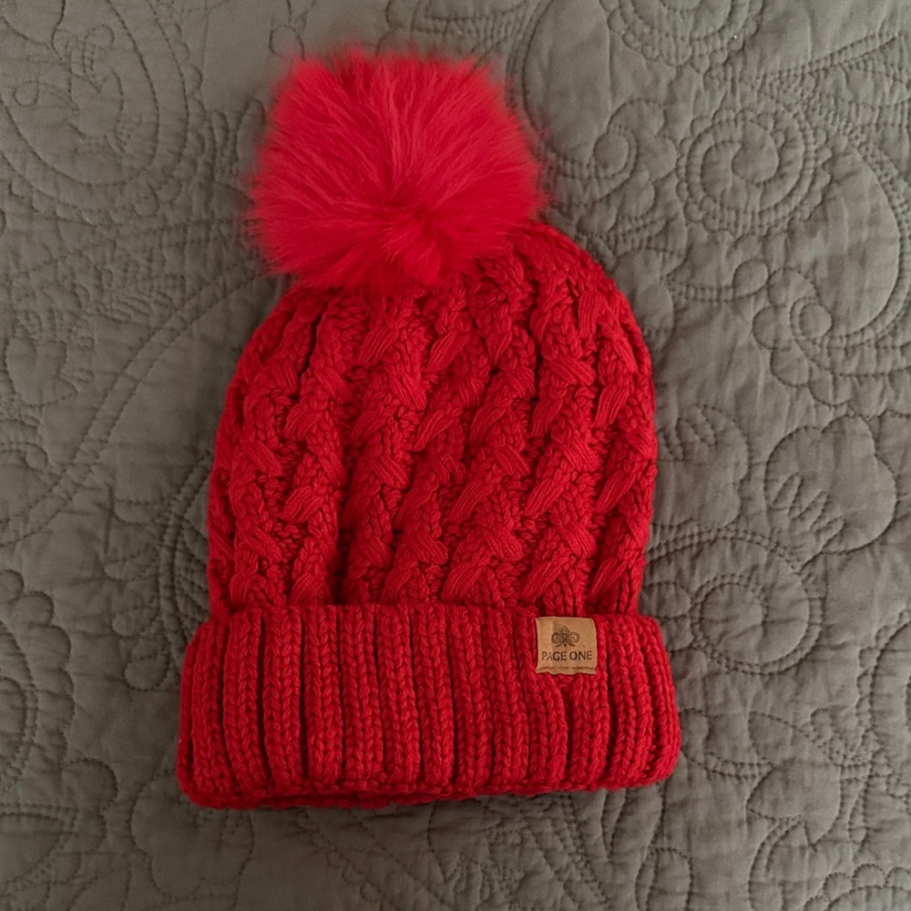 Page One Bright Red Knit Beanie with Pom-Pom